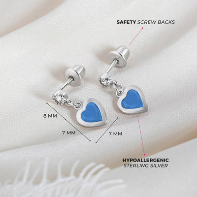Turquoise CZ Heart Dangle Kids / Teen Earrings - Sterling Silver