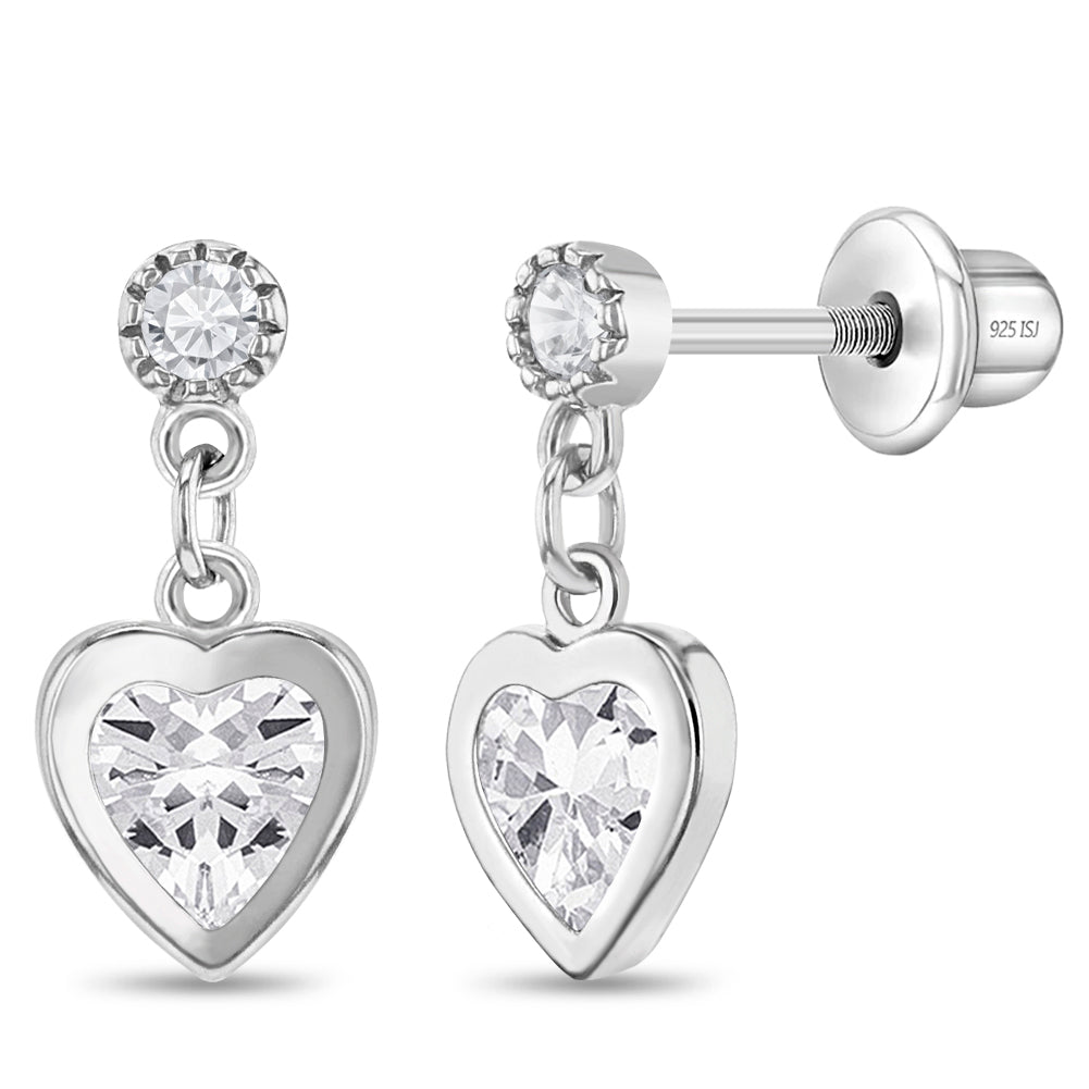 Clear CZ Heart Dangle Kids / Teen Earrings - Sterling Silver