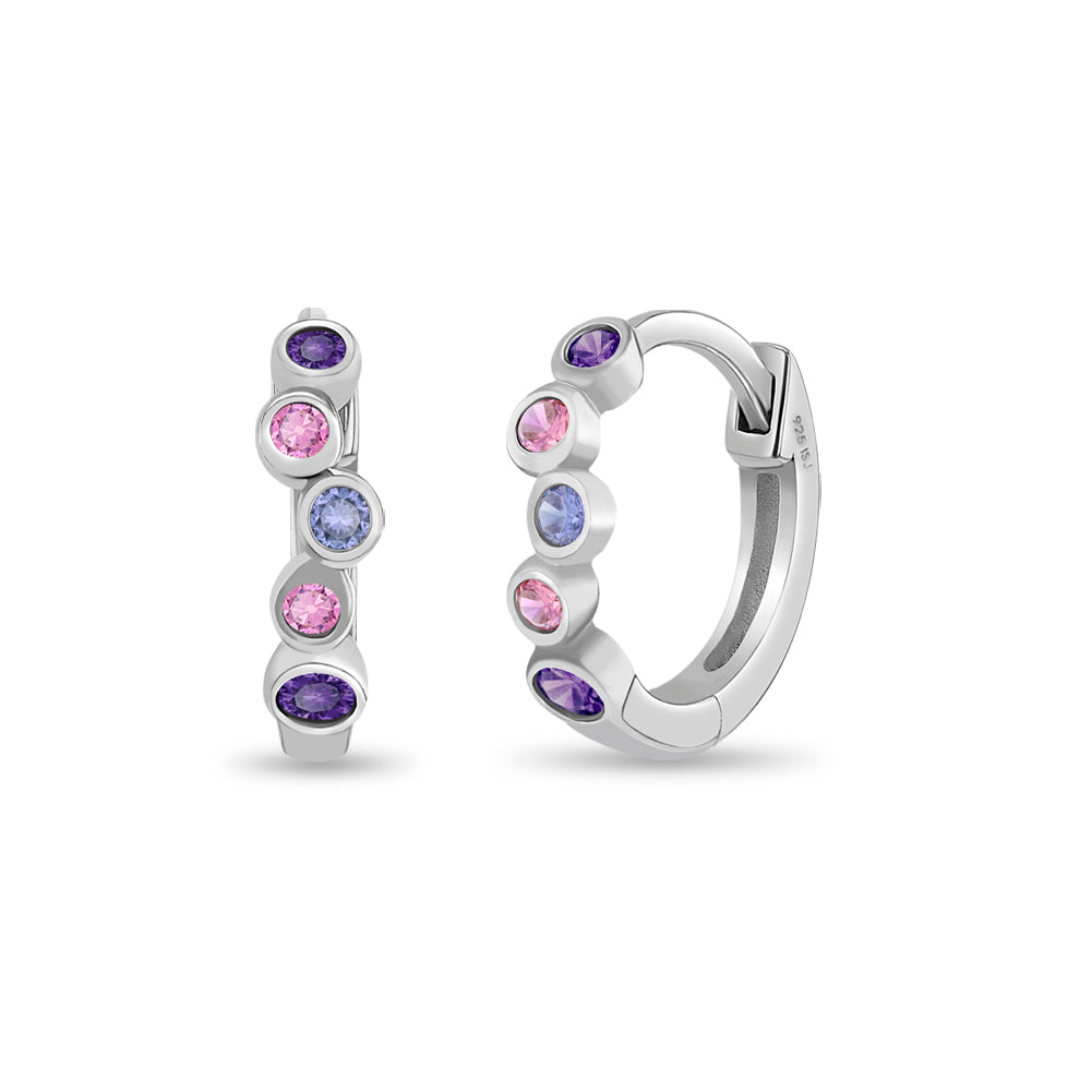 Purple Bezel Cascade 9mm Kids / Children's / Girls Earrings Hoop/Huggie - Sterling Silver