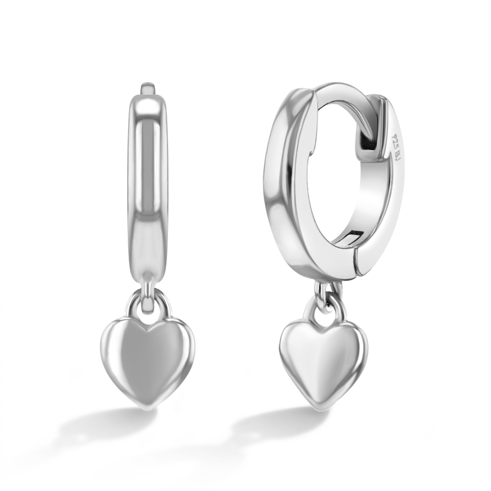 Puffed Dangle Heart 7mm Kids / Children's / Girls Earrings Hoop/Huggie - Sterling Silver