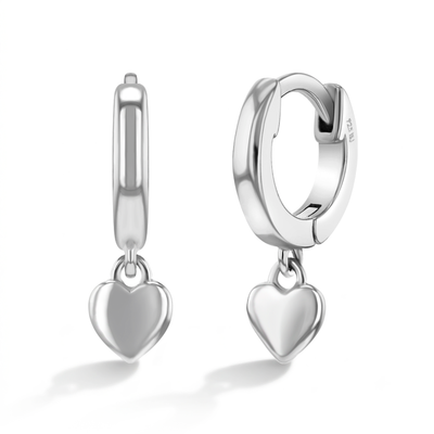 Puffed Dangle Heart 7mm Kids / Children's / Girls Earrings Hoop/Huggie - Sterling Silver