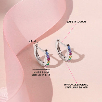 Multicolor Encrusted CZ 9mm Kids / Children's / Girls Earrings Hoop/Huggie - Sterling Silver