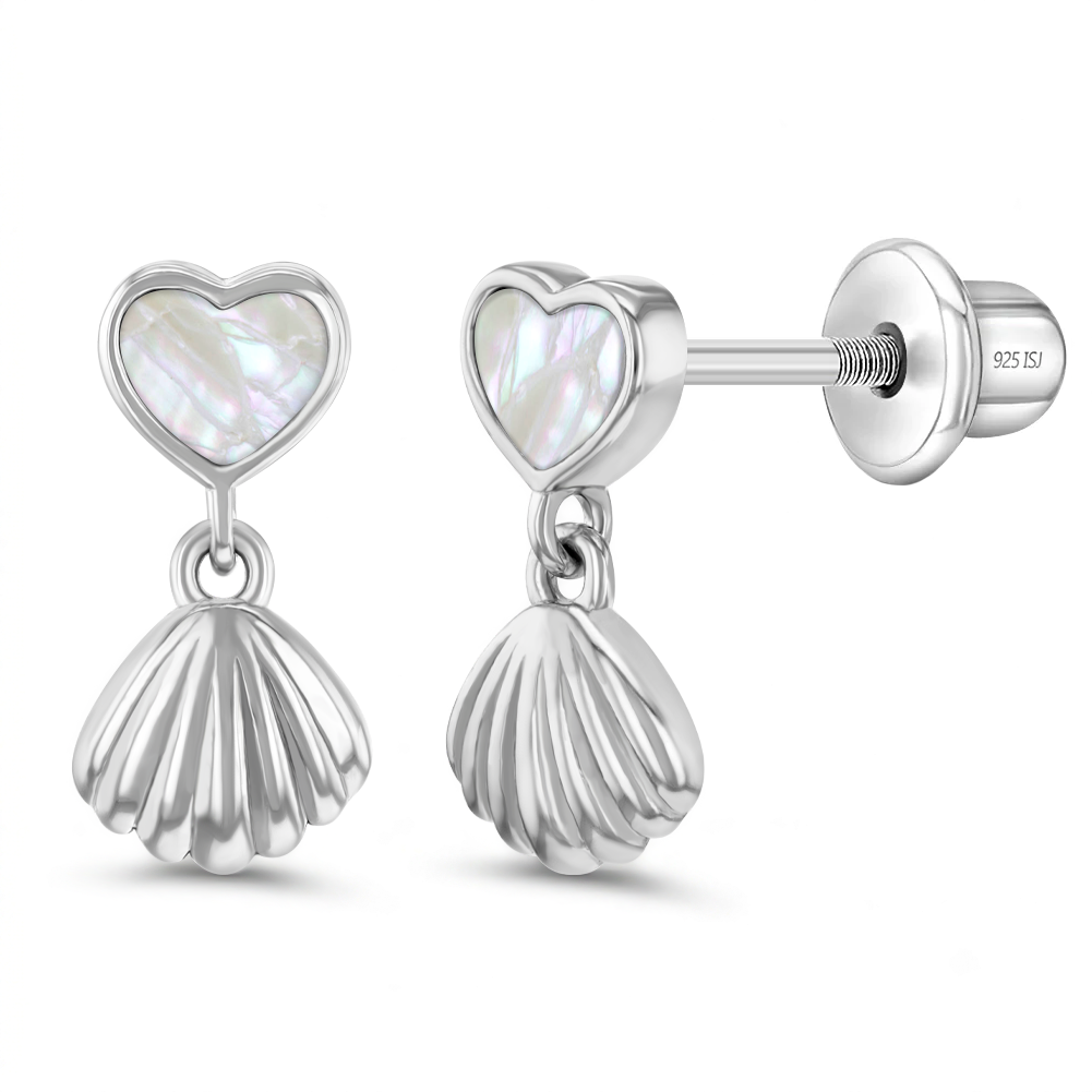 Dangle Mermaid Shell Kids / Children's / Girls Earrings Hoop/Huggie - Sterling Silver