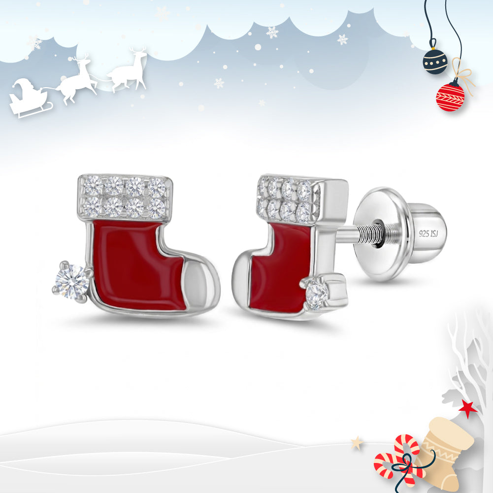 Glimmering Stocking Baby / Toddler / Kids Earrings Screw Back - Sterling Silver