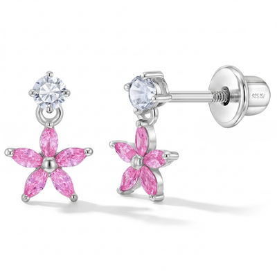 Dazzling Dangle Flower Kids / Children's / Girls Earrings Screw Back - Sterling Silver