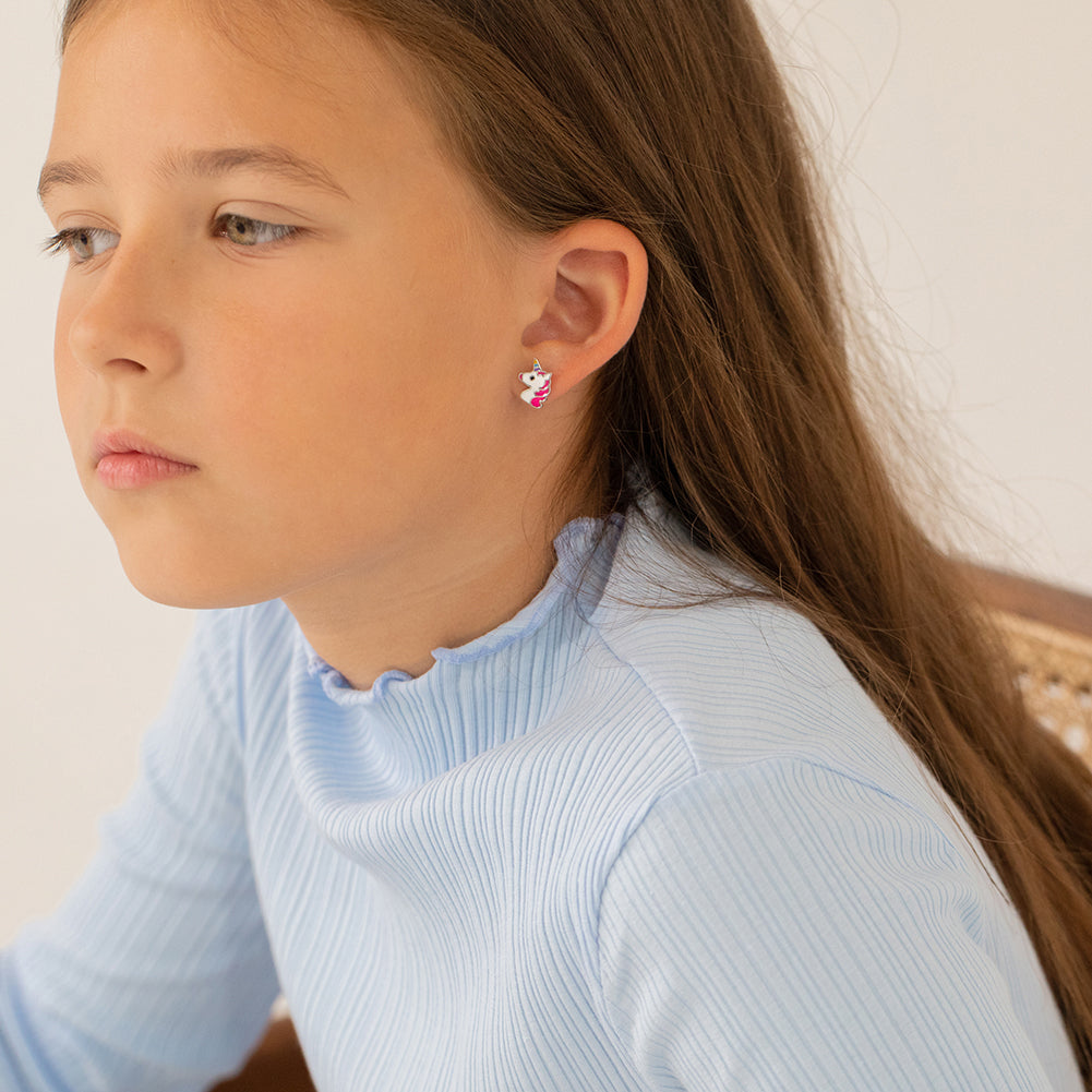 Rainbow Unicorn Kids / Children's / Girls Earrings Screw Back Enamel - Sterling Silver