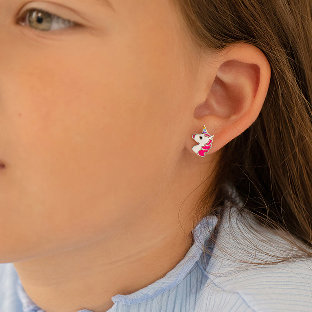 Rainbow Unicorn Kids / Children's / Girls Earrings Screw Back Enamel - Sterling Silver