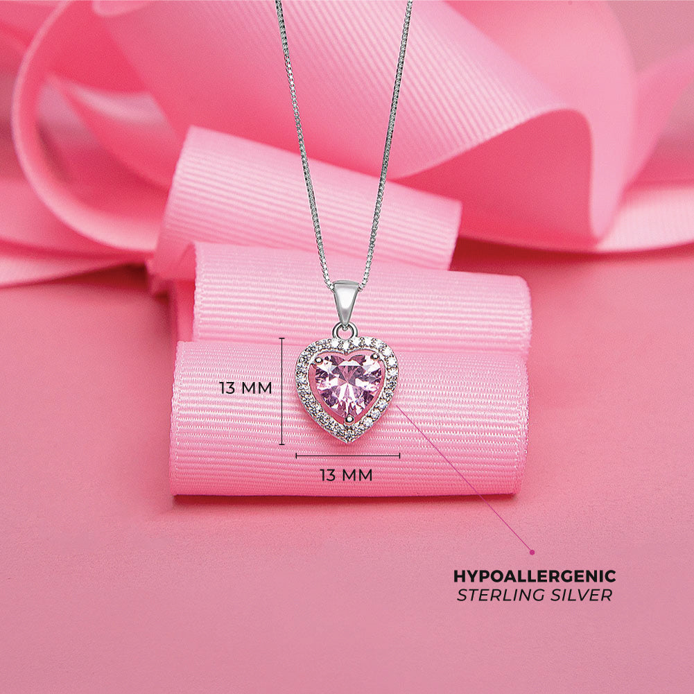 925 Sterling Silver Pink & Clear CZ Heart Necklace Jewelry Set For Young Girls