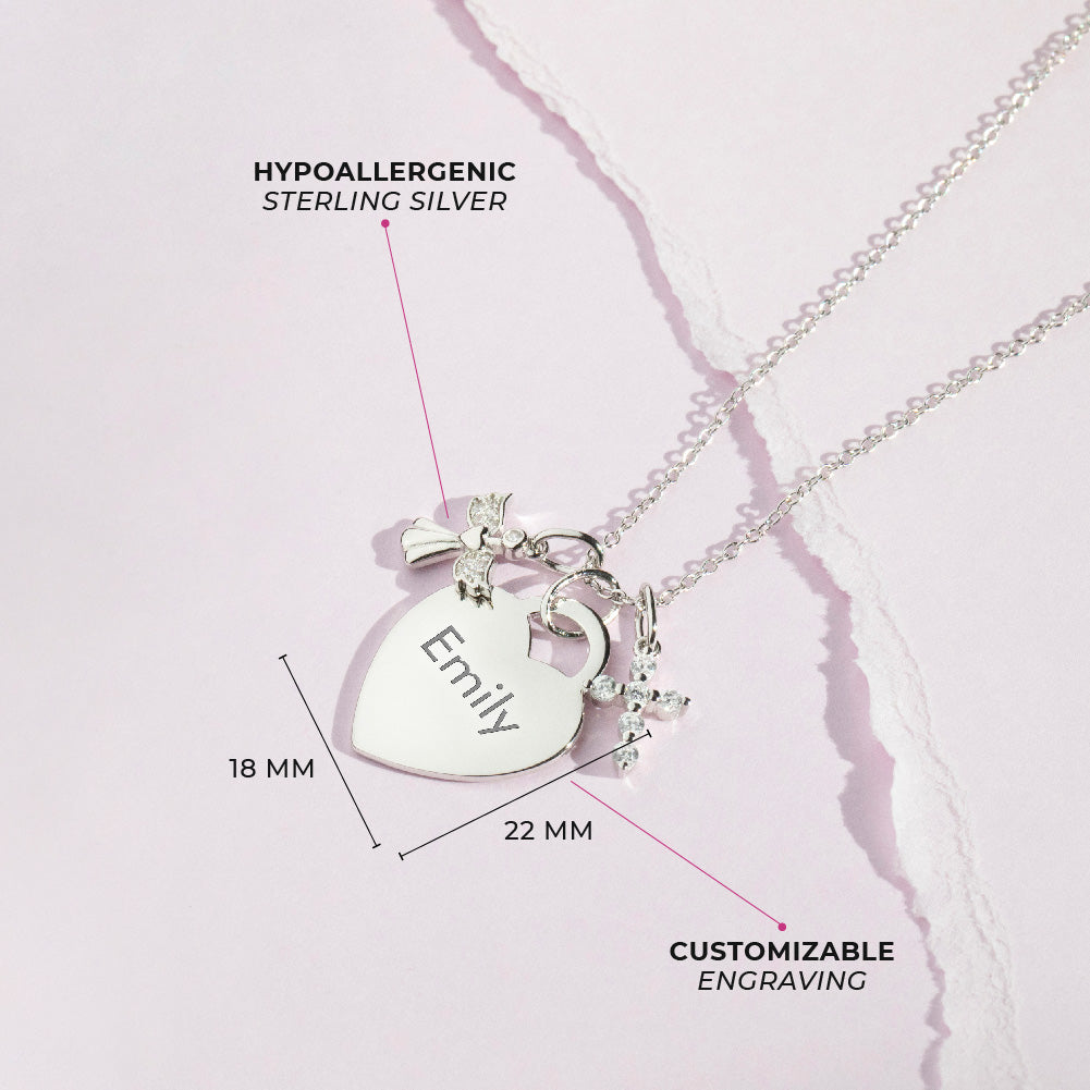 Guardian Angel & CZ Cross Heart Toddler / Kids / Girls Pendant/Necklace Engravable Personalized - Sterling Silver