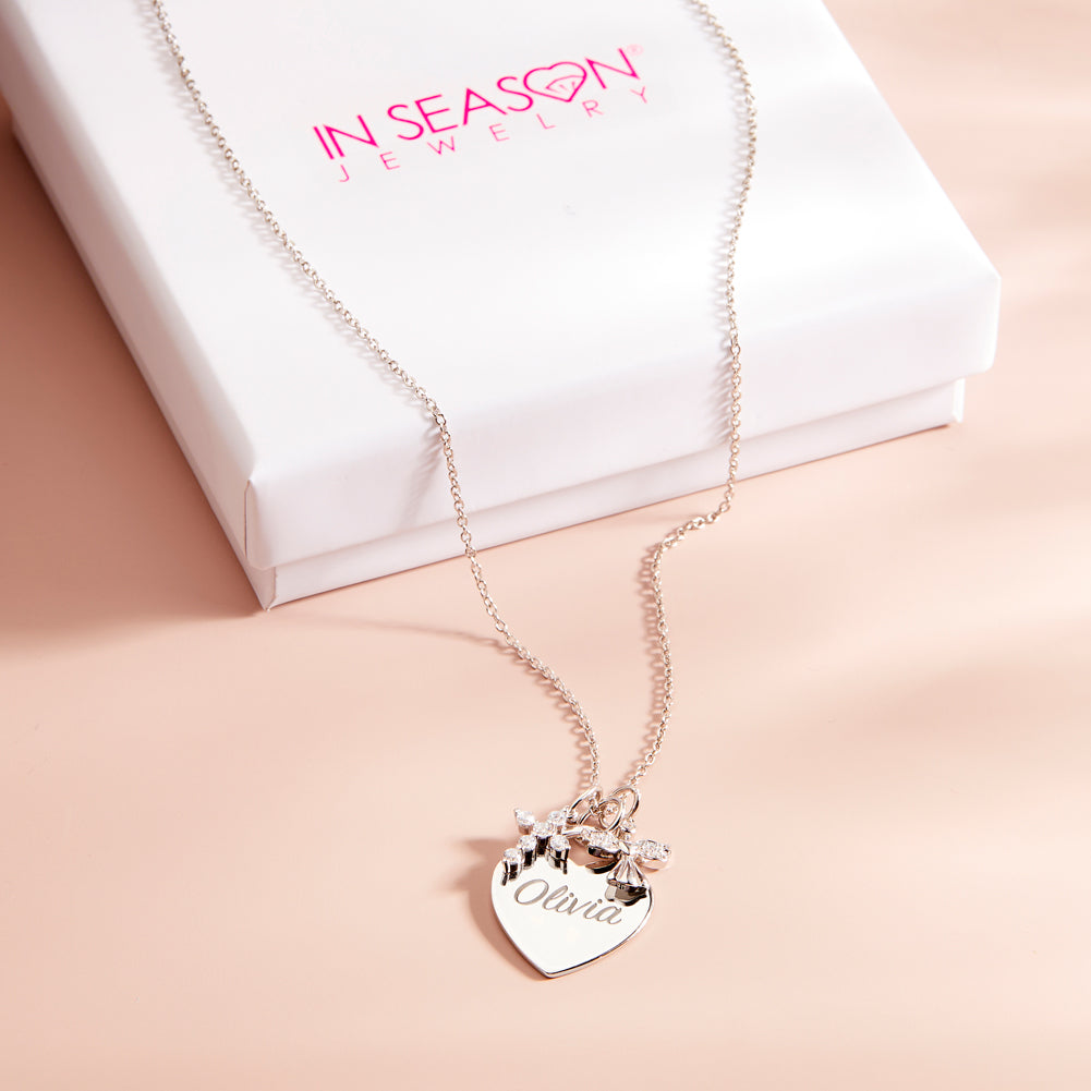 Guardian Angel & CZ Cross Heart Toddler / Kids / Girls Pendant/Necklace Engravable Personalized - Sterling Silver