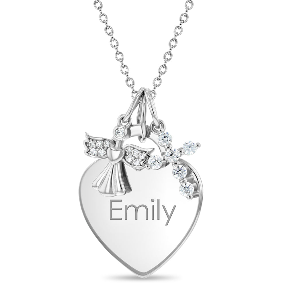 Guardian Angel & CZ Cross Heart Toddler / Kids / Girls Pendant/Necklace Engravable Personalized - Sterling Silver