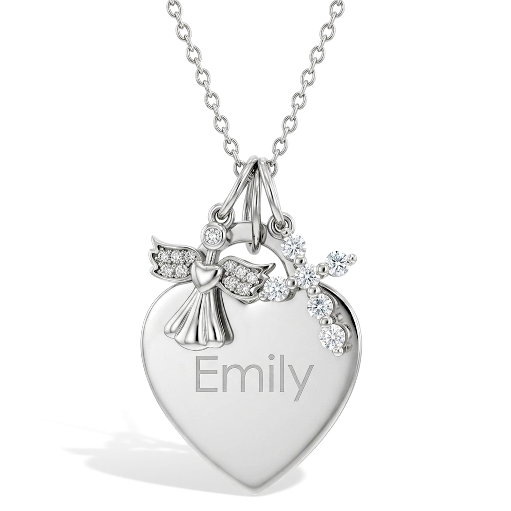 Guardian Angel & CZ Cross Heart Toddler / Kids / Girls Pendant/Necklace Engravable Personalized - Sterling Silver