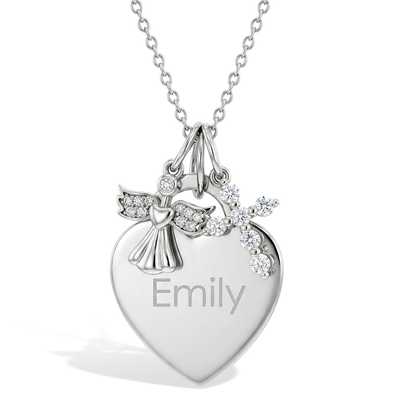 Guardian Angel & CZ Cross Heart Toddler / Kids / Girls Pendant/Necklace Engravable Personalized - Sterling Silver