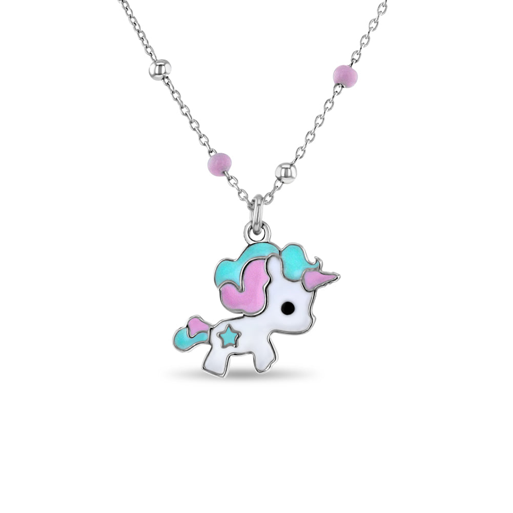 Pastel Enamel Unicorn Satellite 14" Kids / Children's / Girls Pendant/Necklace - Sterling Silver