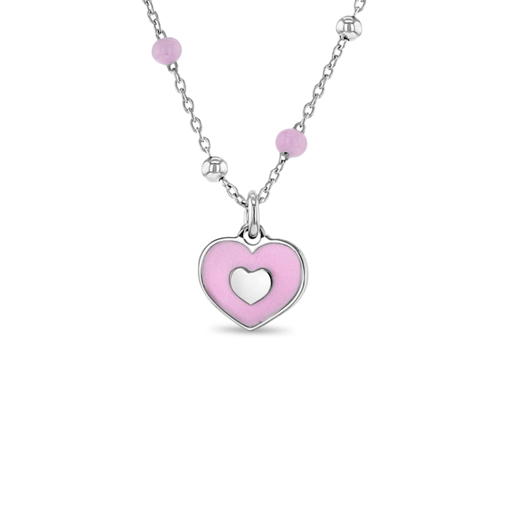 Pink Heart Satellite 14" Kids / Children's / Girls Pendant/Necklace Enamel - Sterling Silver