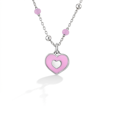 Pink Heart Satellite 14" Kids / Children's / Girls Pendant/Necklace Enamel - Sterling Silver