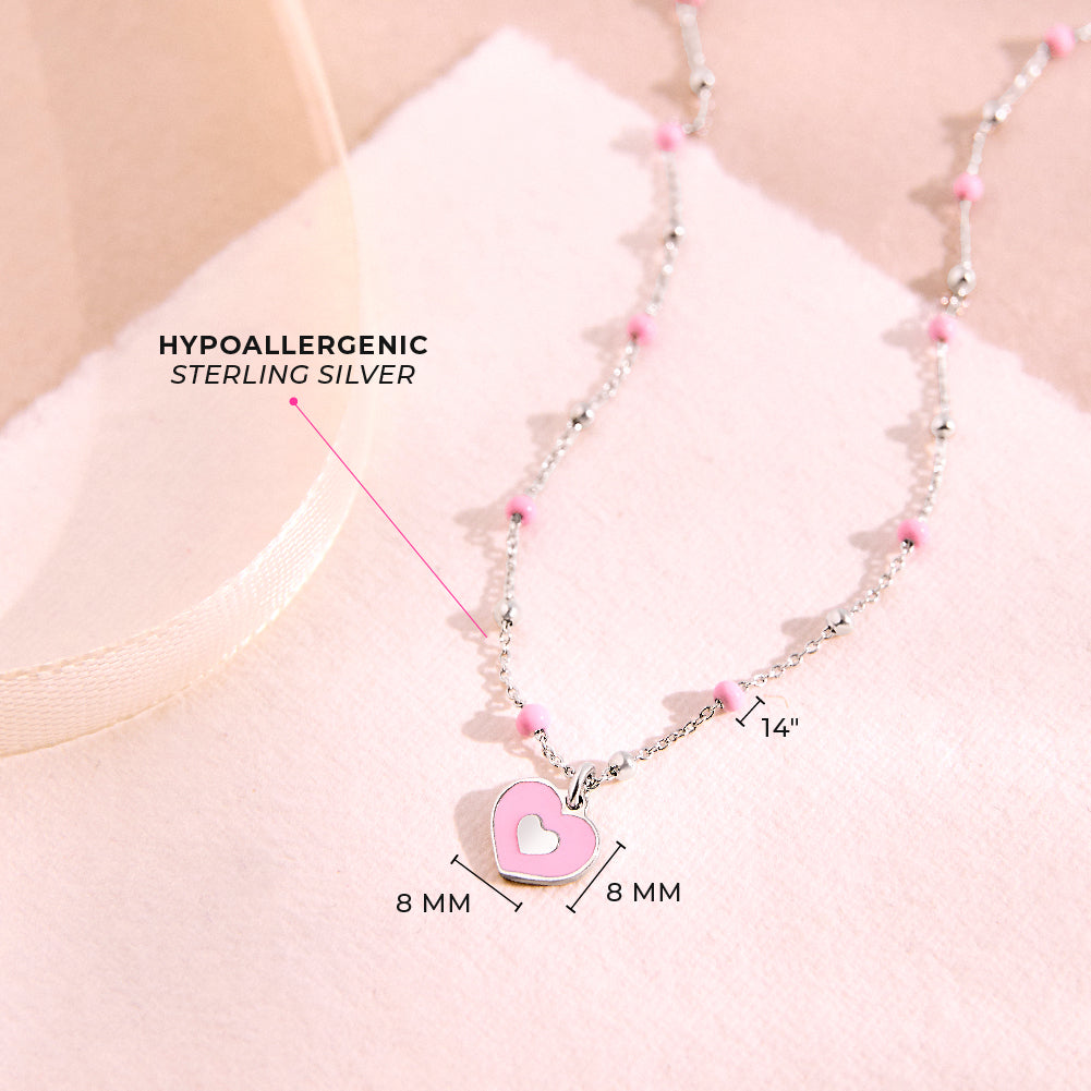 Pink Heart Satellite 14" Kids / Children's / Girls Pendant/Necklace Enamel - Sterling Silver