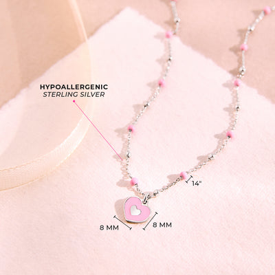 Pink Heart Satellite 14" Kids / Children's / Girls Pendant/Necklace Enamel - Sterling Silver