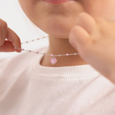 Pink Heart Satellite 14" Kids / Children's / Girls Pendant/Necklace Enamel - Sterling Silver