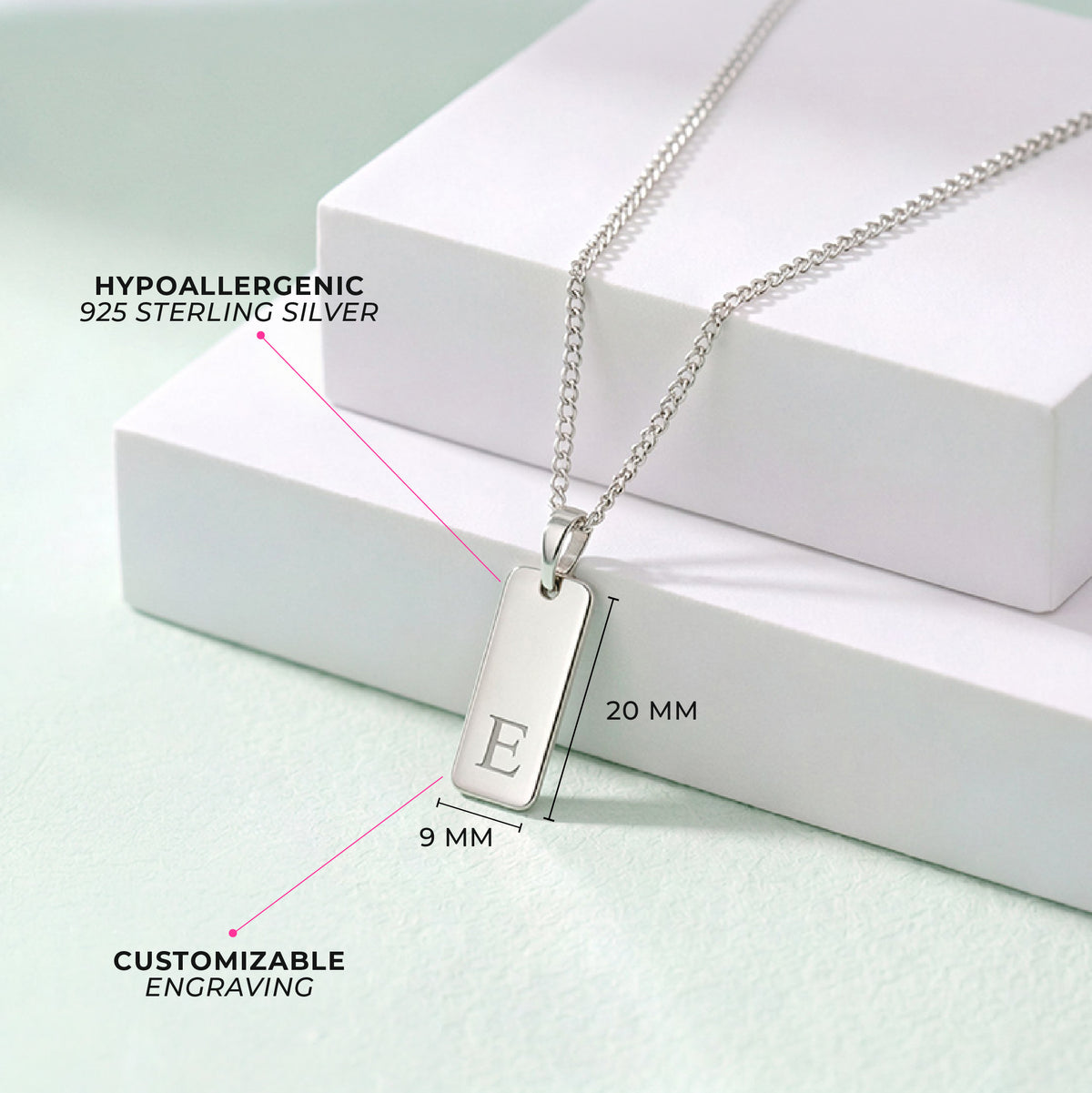 Square Tag Kids / Children's / Boy's Pendant/Necklace Engravable - Sterling Silver
