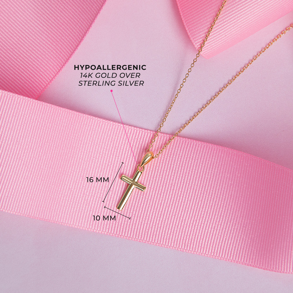 Flat Cross 16mm Toddler / Kids / Girls Pendant/Necklace Religious - 14K Gold Over Sterling Silver