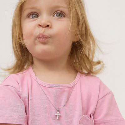 Tiny Pearl Cross 13mm Toddler/Kids/Girls Necklace Religious - Sterling Silver