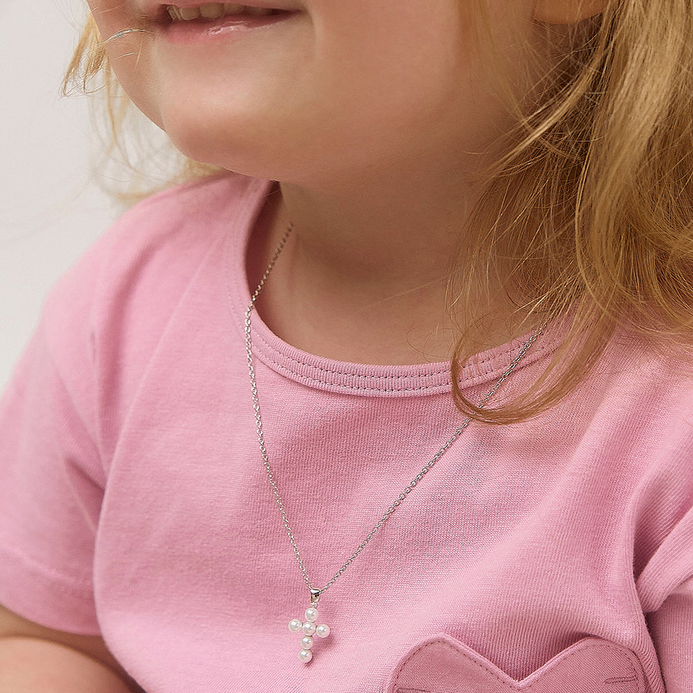 Tiny Pearl Cross 13mm Toddler/Kids/Girls Necklace Religious - Sterling Silver