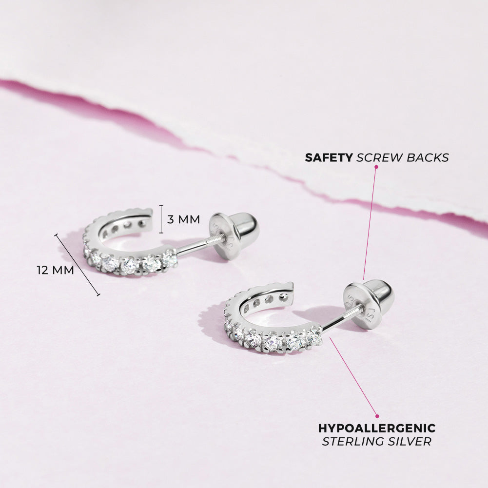 925 Sterling Silver Adorable Clear Cubic Zirconia Small Half Hoop Screw Back Earrings for Teens and Women