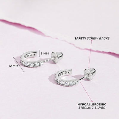 925 Sterling Silver Adorable Clear Cubic Zirconia Small Half Hoop Screw Back Earrings for Teens and Women