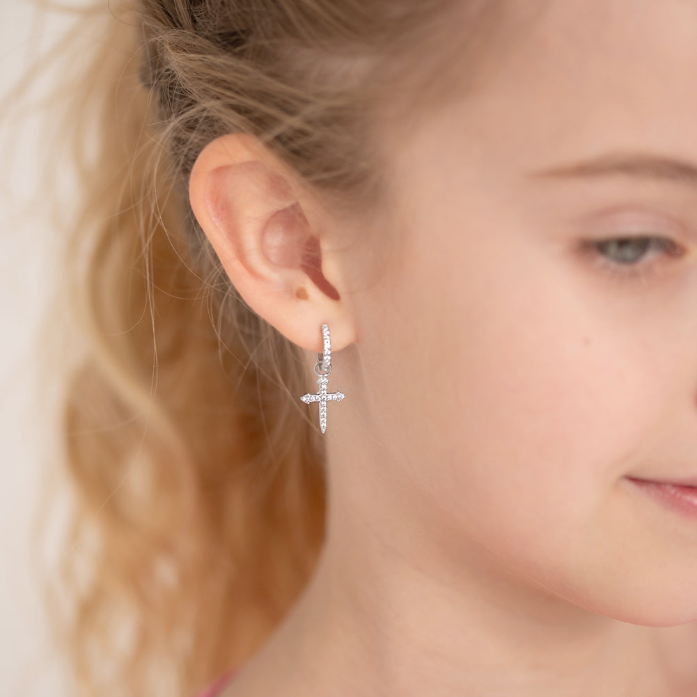 925 Sterling Silver Clear CZ Cross Hoop Dangle Earrings for Teens - Ho