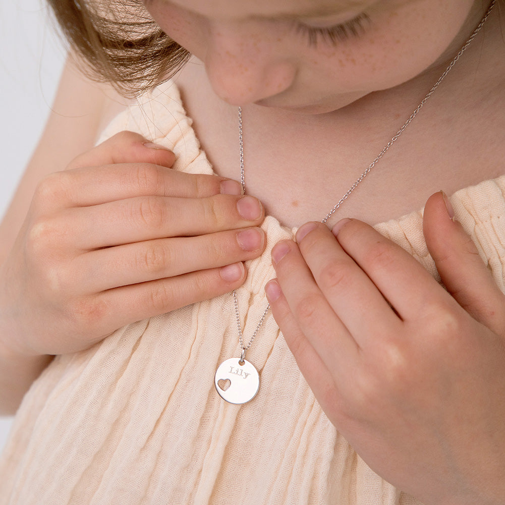 Heart Cutout Circle 16mm Kids / Children's / Girls Pendant/Necklace Personalized / Engravable - Sterling Silver