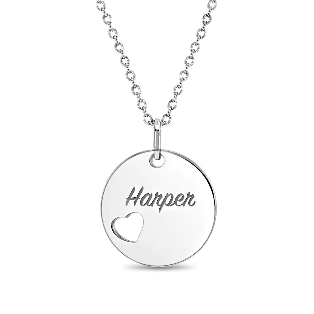 Heart Cutout Circle 16mm Kids / Children's / Girls Pendant/Necklace Personalized / Engravable - Sterling Silver
