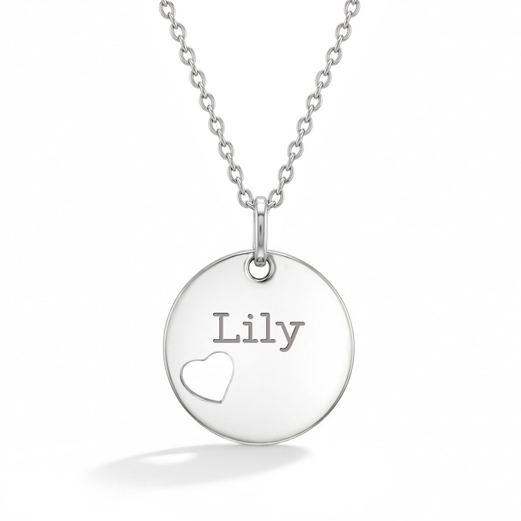 Heart Cutout Circle 16mm Kids / Children's / Girls Pendant/Necklace Personalized / Engravable - Sterling Silver