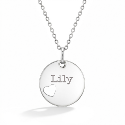 Heart Cutout Circle 16mm Kids / Children's / Girls Pendant/Necklace Personalized / Engravable - Sterling Silver