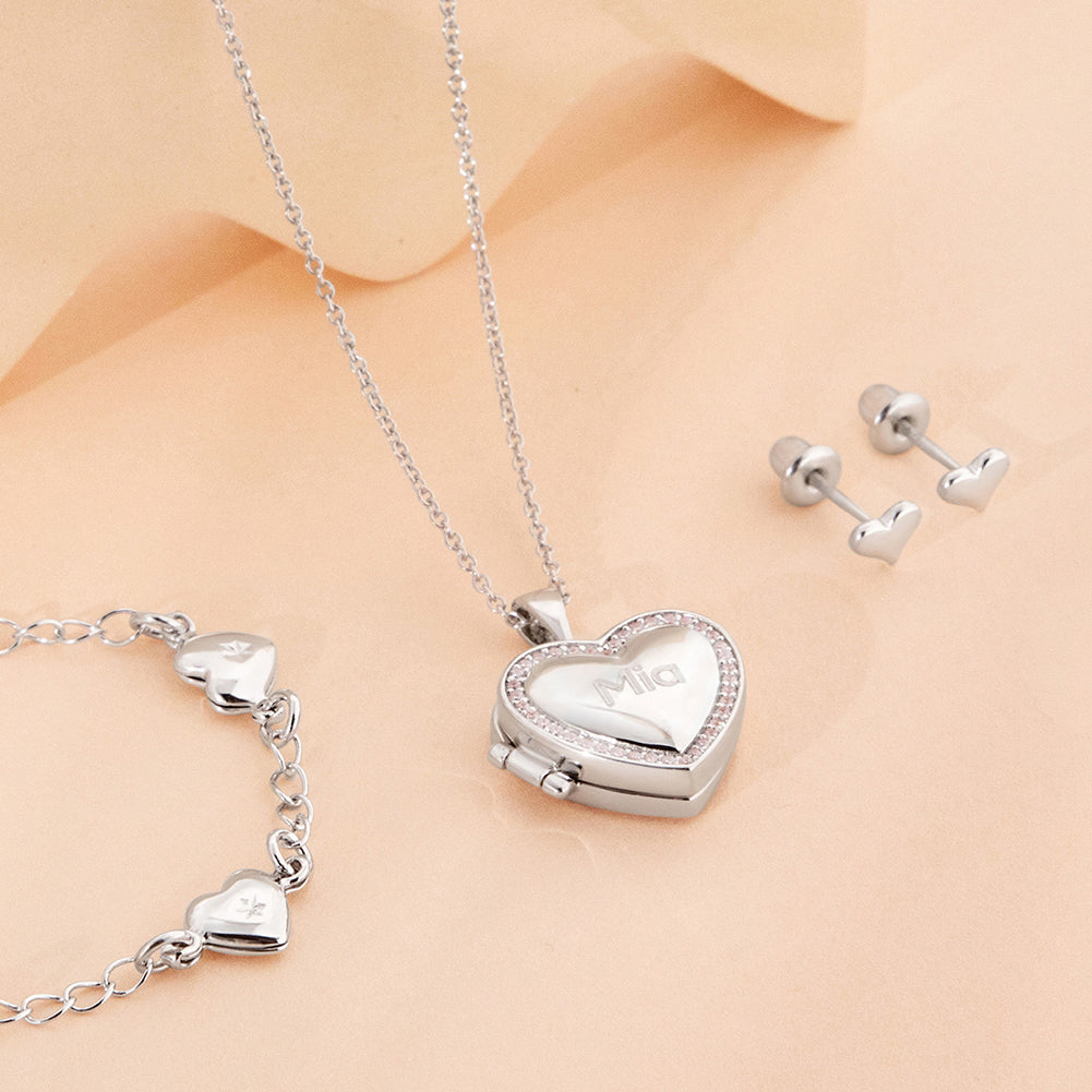 CZ Border Heart Locket Kids / Children's / Girls Pendant/Necklace Personalized / Engravable - Sterling Silver