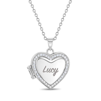 CZ Border Heart Locket Kids / Children's / Girls Pendant/Necklace Personalized / Engravable - Sterling Silver