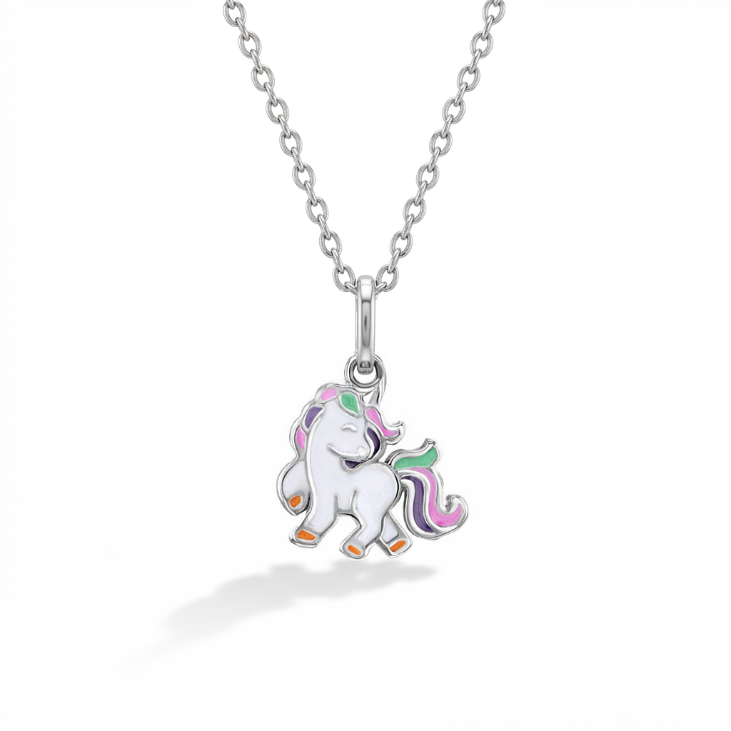Fancy Unicorn Toddler/Kids/Girls Necklace Enamel - Sterling Silver