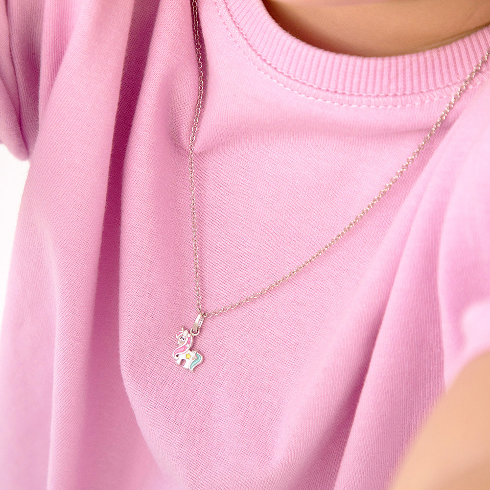 Rainbow Mane Unicorn Toddler/Kids/Girls Necklace Enamel - Sterling Silver