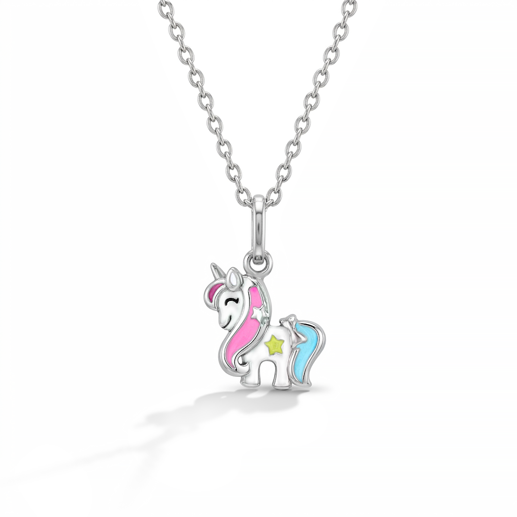 Rainbow Mane Unicorn Toddler/Kids/Girls Necklace Enamel - Sterling Silver