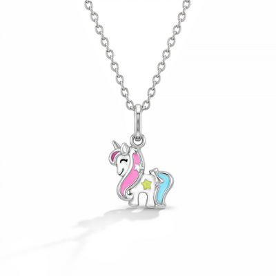 Rainbow Mane Unicorn Toddler/Kids/Girls Necklace Enamel - Sterling Silver