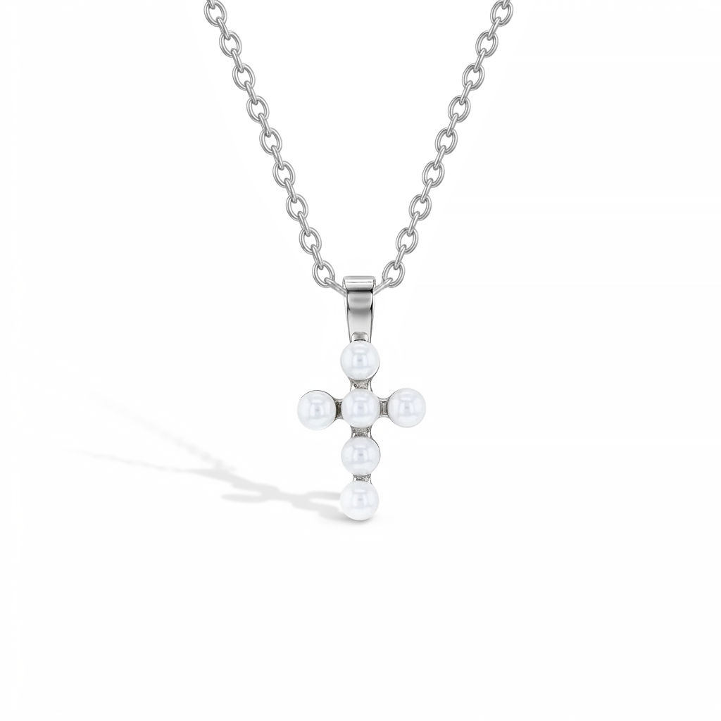 Tiny Pearl Cross 13mm Toddler/Kids/Girls Necklace Religious - Sterling Silver