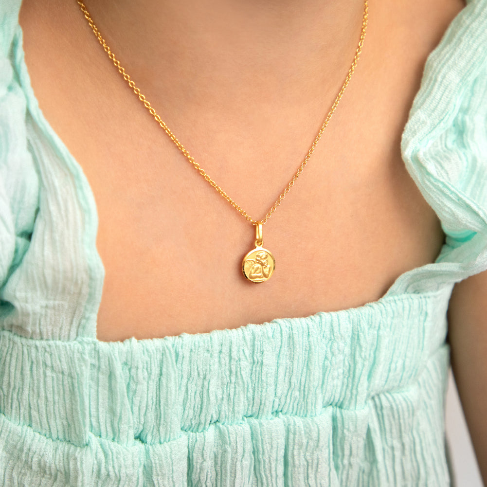 Guardian Angel Medal 11mm Toddler/Kids Necklace Religious - Gold Plated Sterling Silver