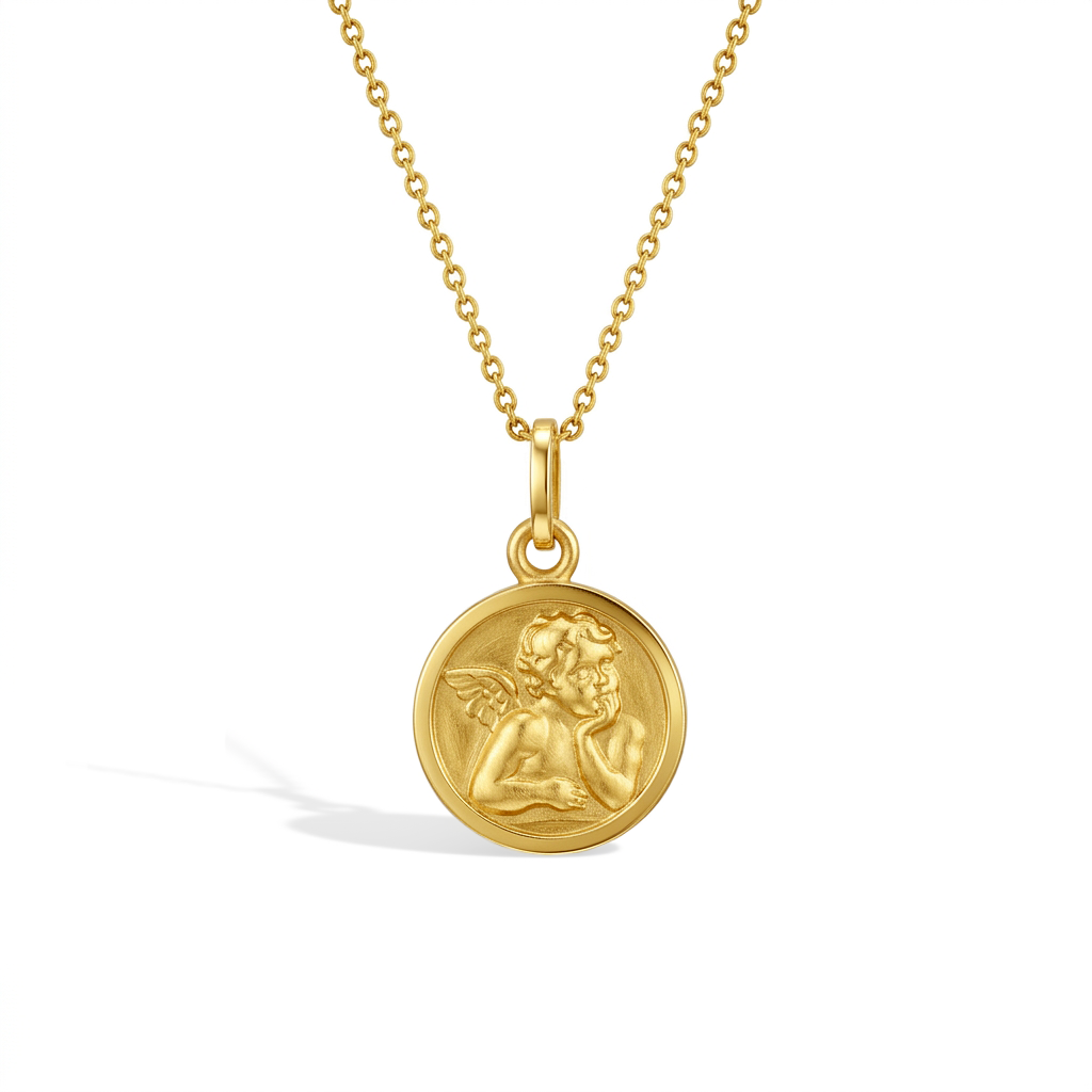 Guardian Angel Medal 11mm Toddler/Kids Necklace Religious - Gold Plated Sterling Silver