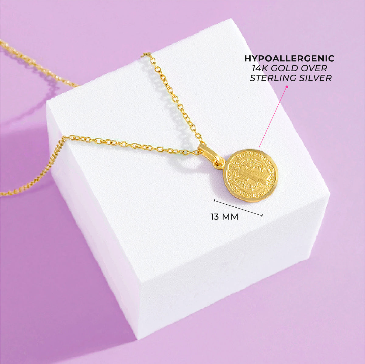 Saint Benedict Medal 13mm Toddler/Kids Necklace Religious - Gold Plated Sterling Silver