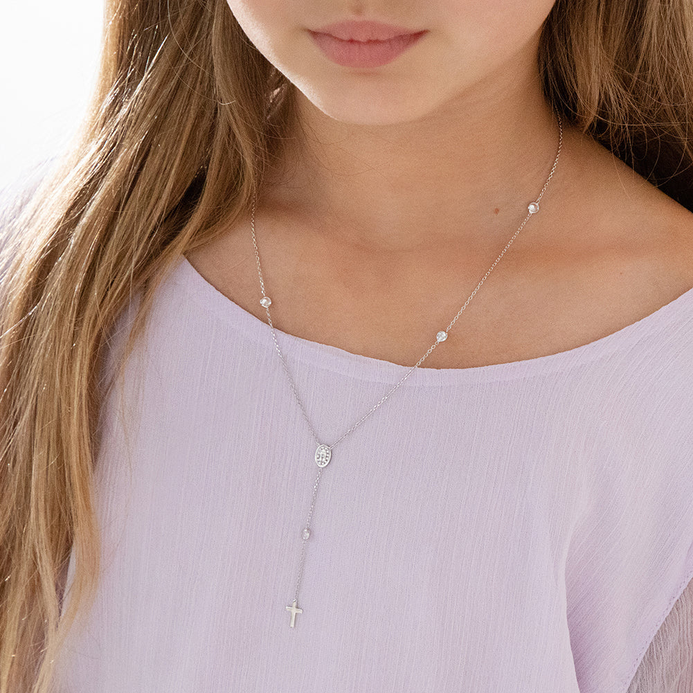 Dainty CZ Rosary & Cross Toddler / Kids / Girls Pendant/Necklace Religious - Sterling Silver