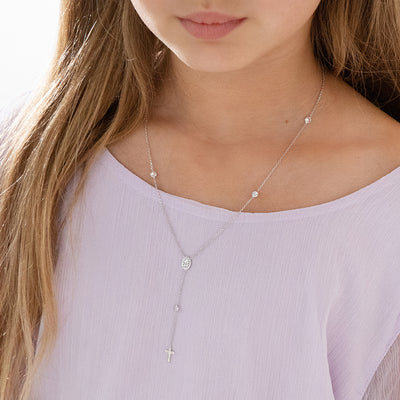 Dainty CZ Rosary & Cross Toddler / Kids / Girls Pendant/Necklace Religious - Sterling Silver