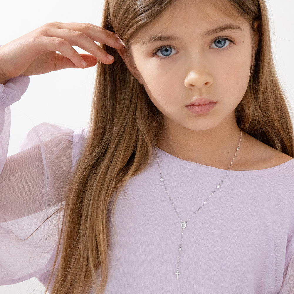 Dainty CZ Rosary & Cross Toddler / Kids / Girls Pendant/Necklace Religious - Sterling Silver