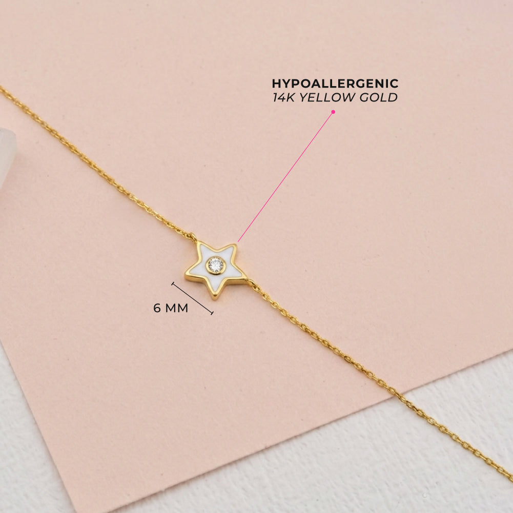 14k Gold Enamel Star Clear CZ 14" Preteen / Teen Necklace Enamel