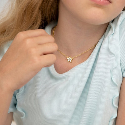 14k Gold Enamel Star Clear CZ 14" Preteen / Teen Necklace Enamel