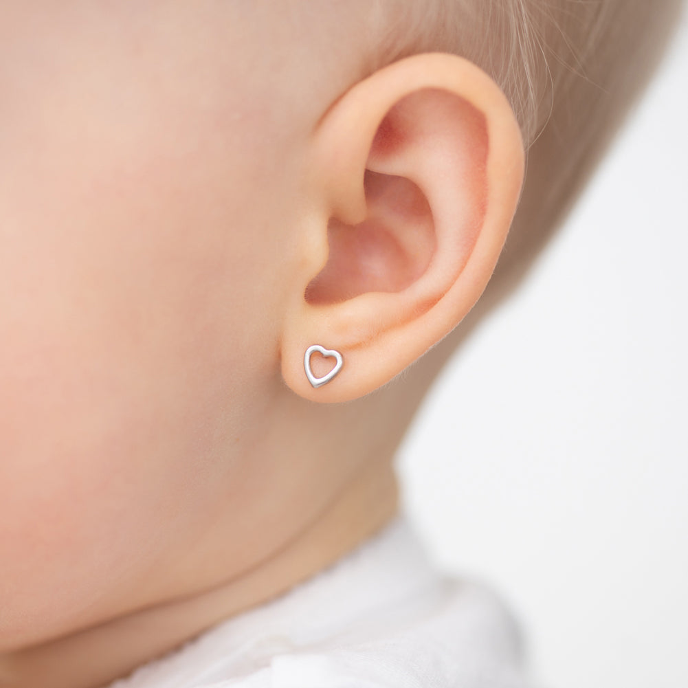 14k White Gold Tiny Open Heart Baby / Toddler / Kids Earrings Safety Screw Back